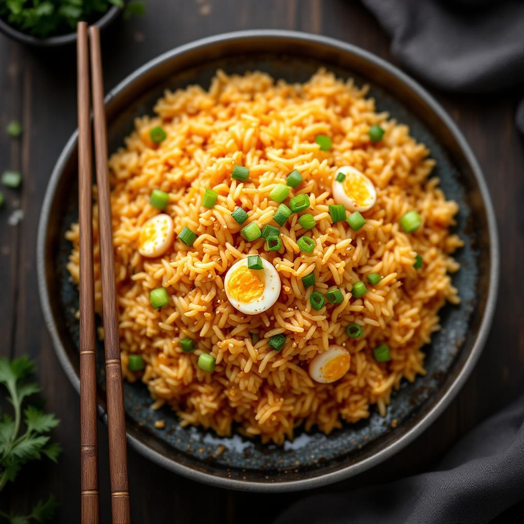 Chinese egg fried rice with scrambled eggs, scallions, and soy sauce