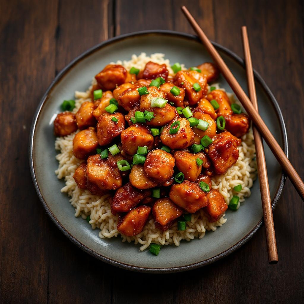 General Tso's Chicken, deep-fried chicken pieces in sweet chili sauce