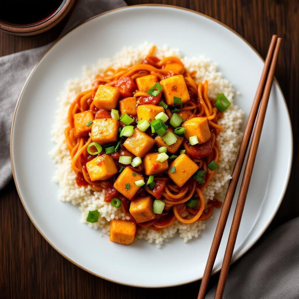 Mapo Tofu in a spicy red sauce with ground pork and Sichuan peppercorn