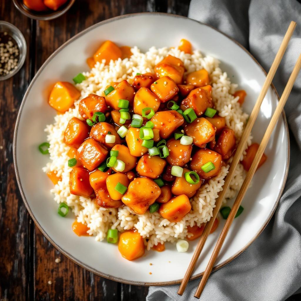 Orange Chicken with crispy battered pieces in orange glaze