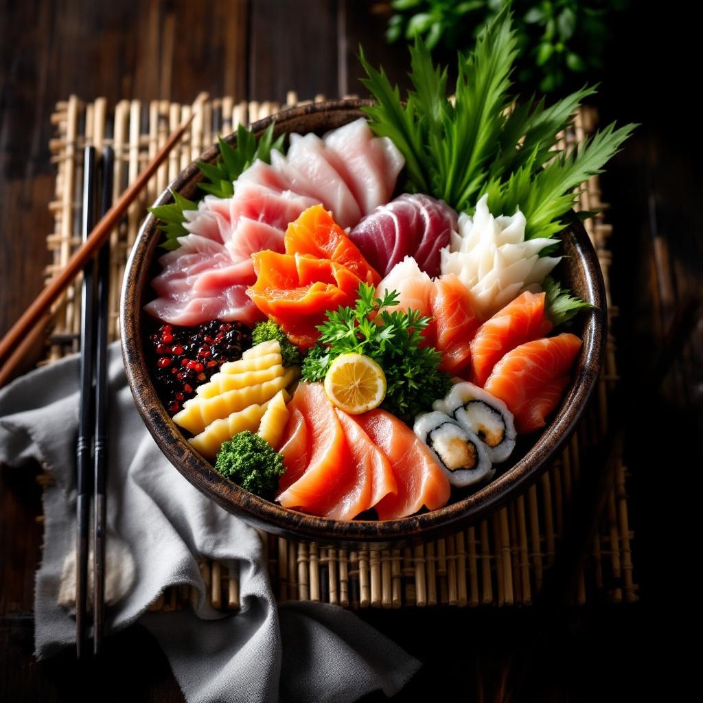 Chirashi bowl with assorted sashimi scattered over sushi rice