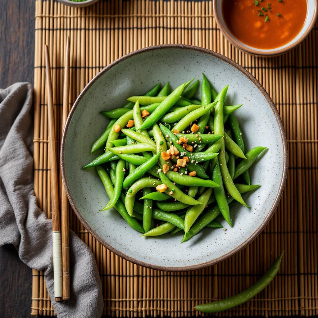 Edamame steamed soybeans in pods with sea salt