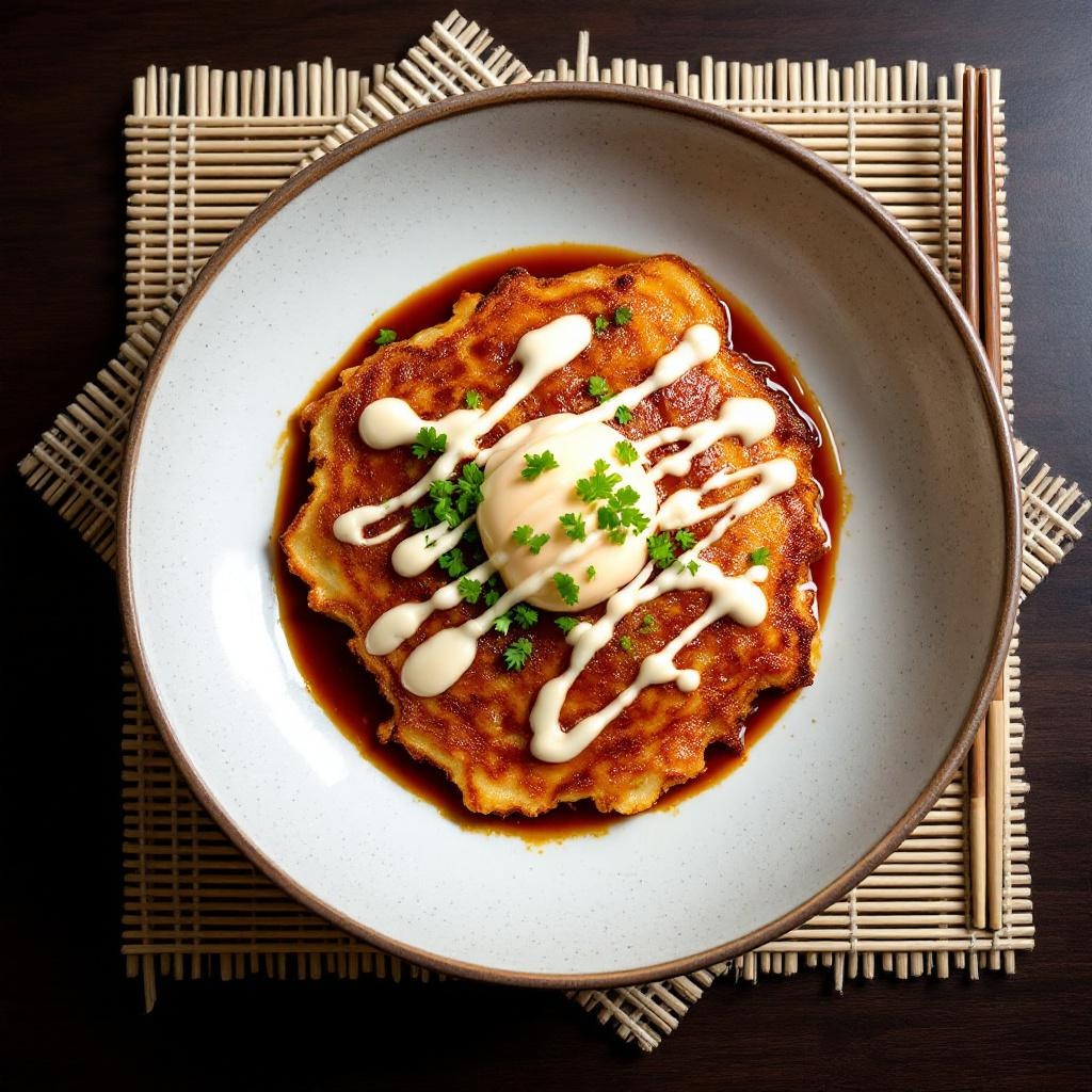 Okonomiyaki Osaka-style savory cabbage pancake with mayo and bonito