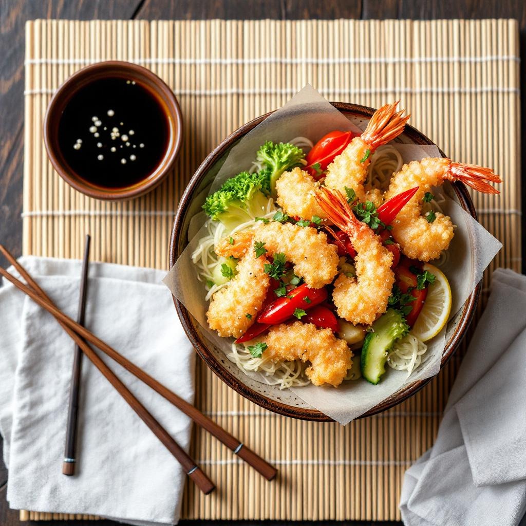 Japanese tempura with lightly battered shrimp and vegetables