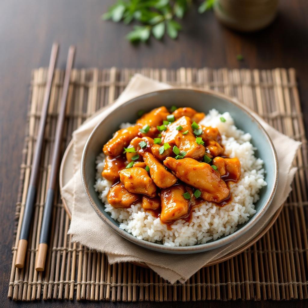 Japanese teriyaki chicken glazed with sweet soy sauce, served with rice