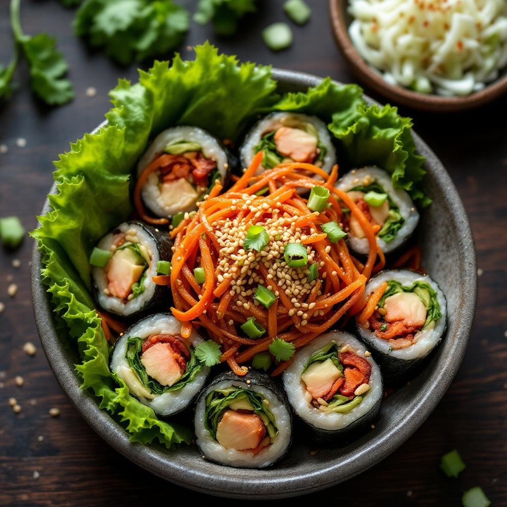 Kimbap Korean rice roll sliced into rounds with colorful fillings