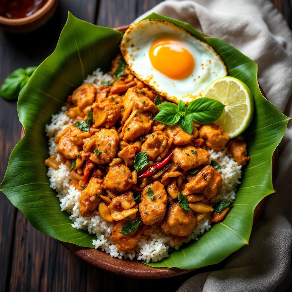 Pad Krapow Thai basil chicken with fried egg over rice