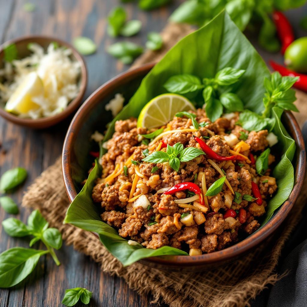 Larb Thai meat salad with lime, toasted rice powder, and fresh herbs