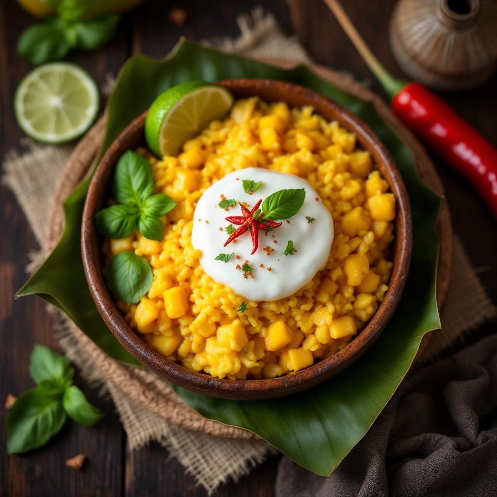 Mango Sticky Rice Thai dessert with sweetened coconut cream
