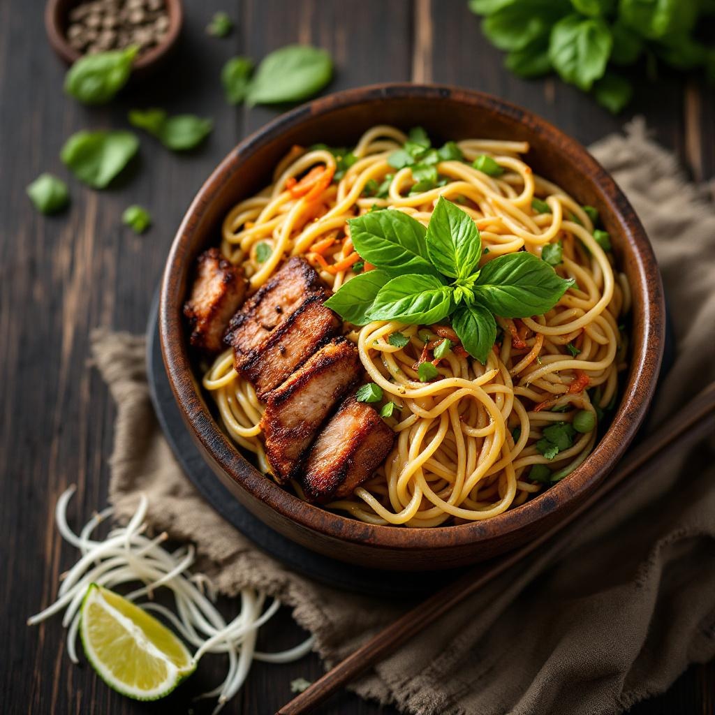 Bun Cha Hanoi grilled pork patties with rice noodles and herbs